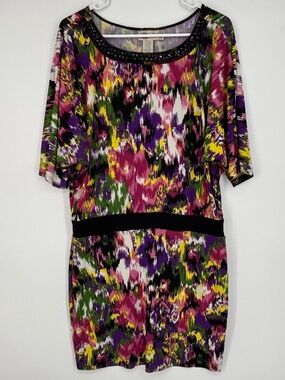 Roulette Womens Meduim Pullover Knit Dress Blouson Waist Multi Color Beaded Neck